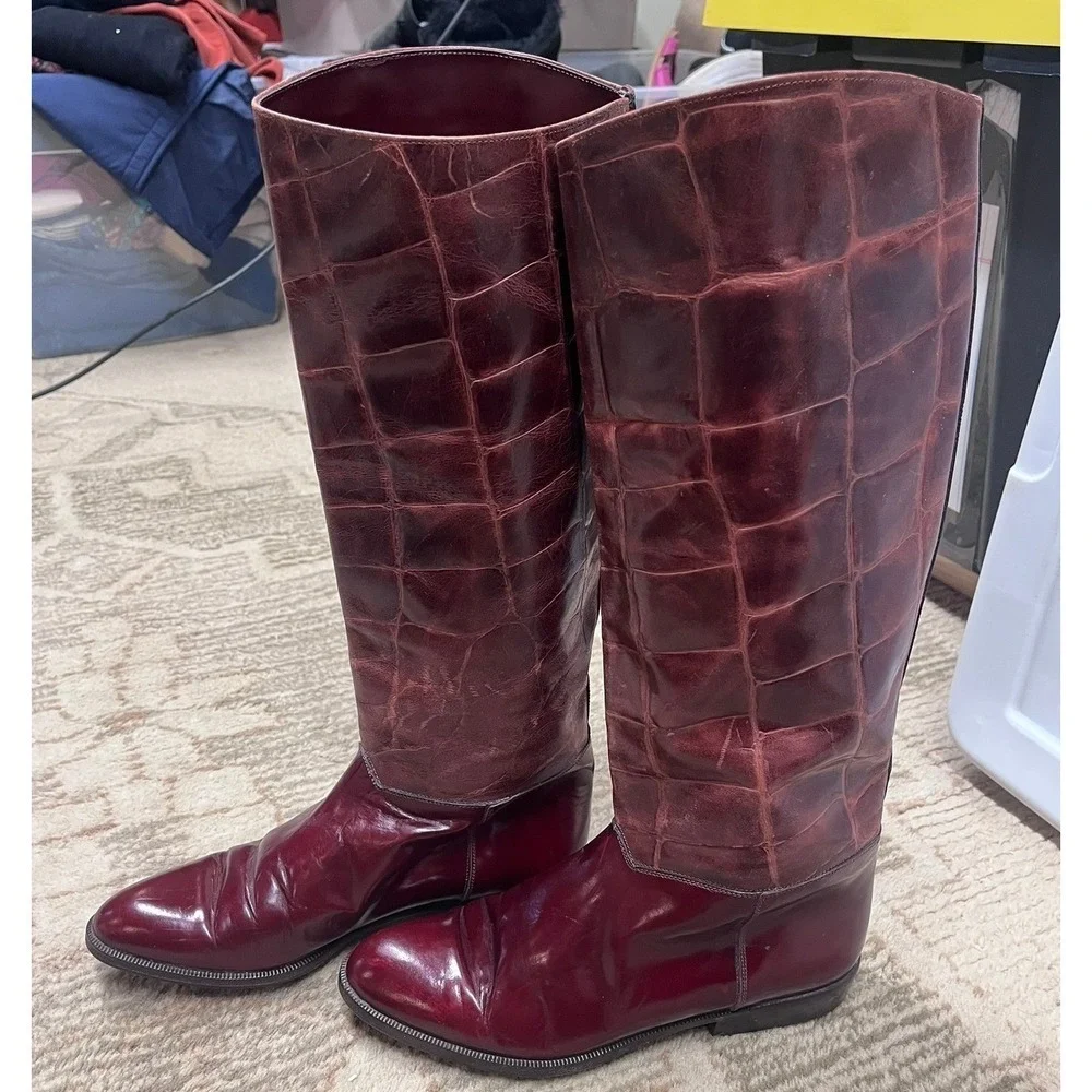 Sandra Gibellini Vintage Women's Burgundy 100% Leather Croc Knee High Boots EU37